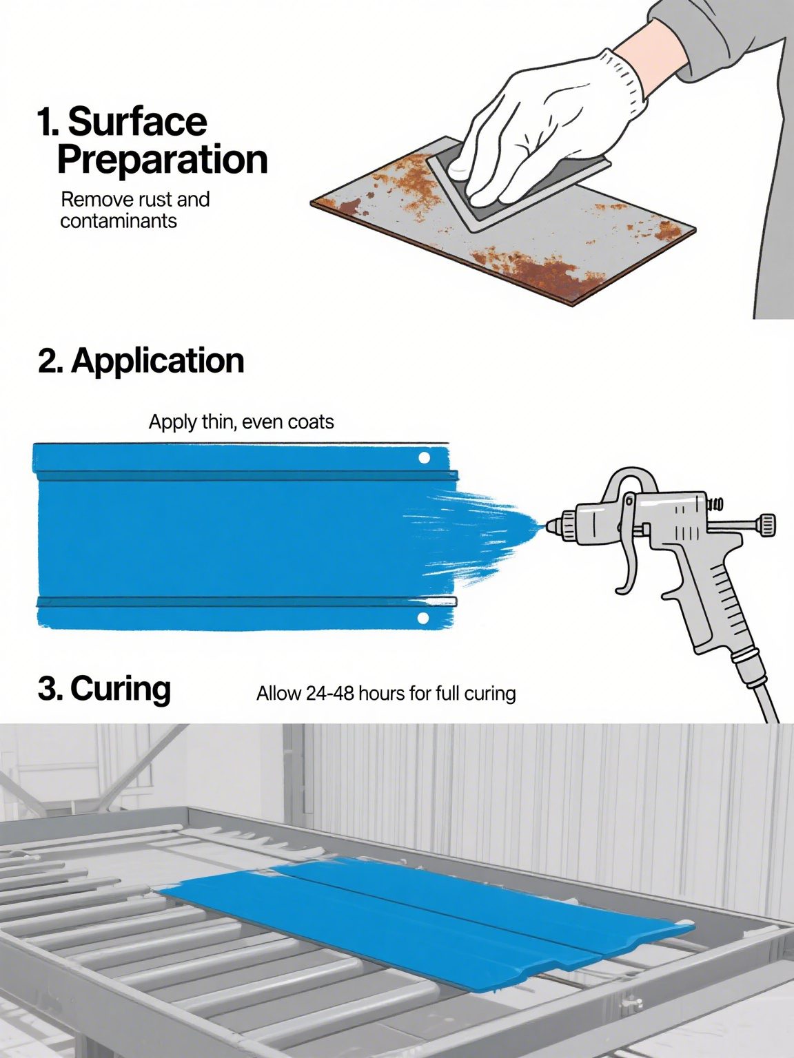 Schematic diagram of metal surface application steps